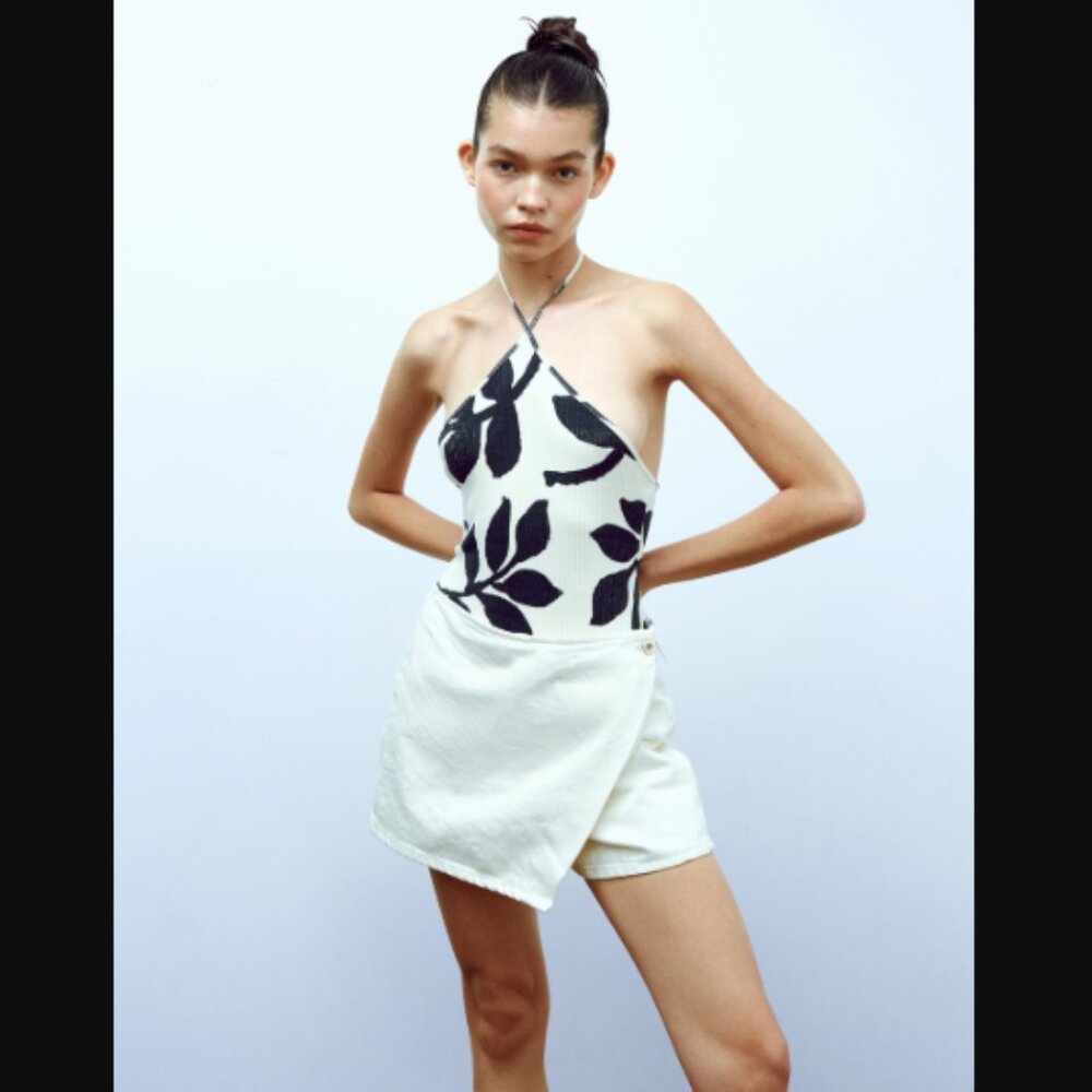 NWT Zara Halter Neck Tie Graphic Leaf Bodysuit Cotton Blend Ribbed Cream Black